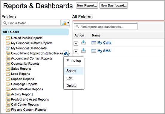 RingCentral for Salesforce Classic UK Administrator Guide Share Report Folder with Users Share Report Folder with Users Switch to classic view and go to the Reports tab.