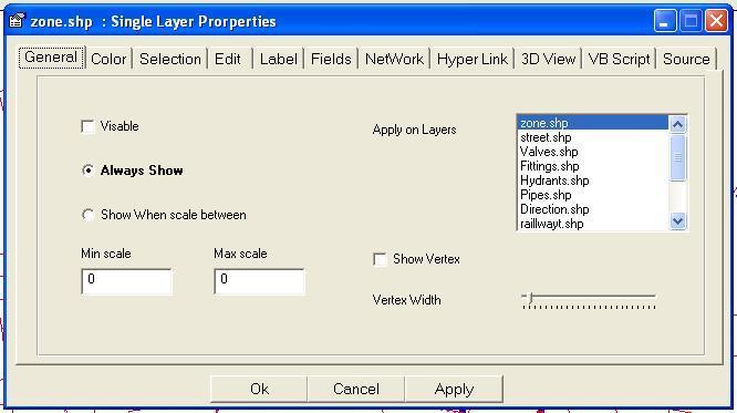 G) Layer Properties Menu Layers Layer Properties General Layer Properties General Option Select Visible or not Select on which Layers, your selection will be