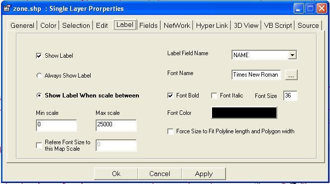 Menu Layers Layer Properties Label Layer Properties Label Option Select Show Label or Not Select Label Field Name Select Label Font Select Label Fore