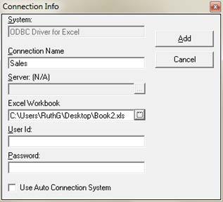 within the Connector tool. 1. Open the Connector 2. Select the ODBC driver for Excel 3.