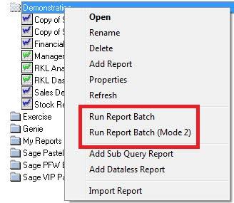 Run All Reports in Folder The Run Report Batch facility allows users to run a sequence of reports one after the other from top to bottom.
