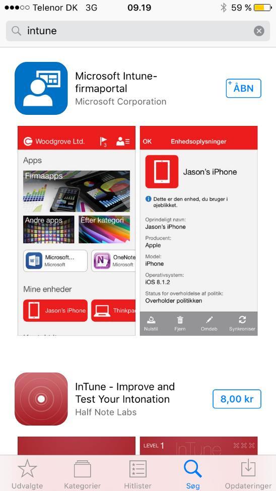 Go to App store, search for Intune and download the app.