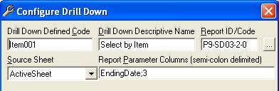 The Properties of a Drill-Down Definition are listed below: - Drill-Down Defined Code: A unique code for the Drill-Down within the Excel Book.