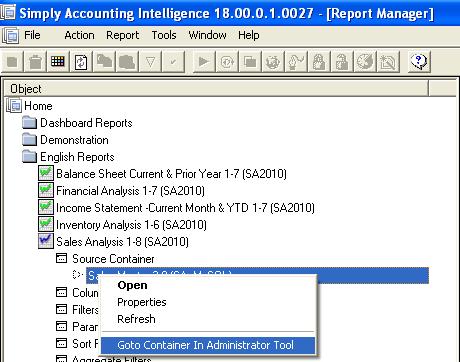 Quick Navigating between Report Manager and Administrator The Data Container that a report is running from can be viewed from within the Report Manager module.