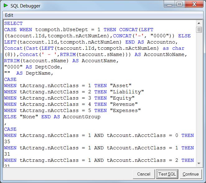 The SQL Debug window will pop up with the SQL code that gets passed to the ODBC driver You can go through the SQL code to try find the problem, and then make the relevant changes to the container
