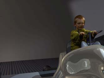 The boy is sitting on a space scooter and is moving forward from the inside of a room (top image) into bright sunlight.