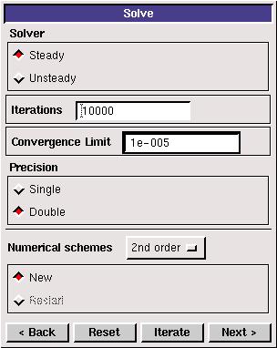 The flow is steady, so turn ON the Steady option. Specify the iteration number and convergence limit to be 10000 and 10-5, respectively.