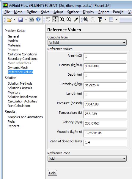 Case Setup: Reference Values Set the reference values. These are not used to compute the flow solution, but they are used to report coefficients such as Cp.