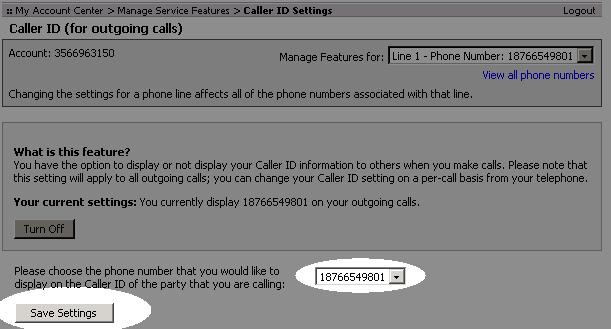 6. The button that displays depends on whether or not Caller ID delivery is enabled. If this feature is currently enabled (you are displaying your phone number), the Turn Off button displays.
