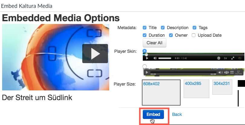 Follow the steps for uploading the new media and then click Back to Browse and Embed on the Upload Media screen in order to navigate back to the menu where you can select and embed the new file.