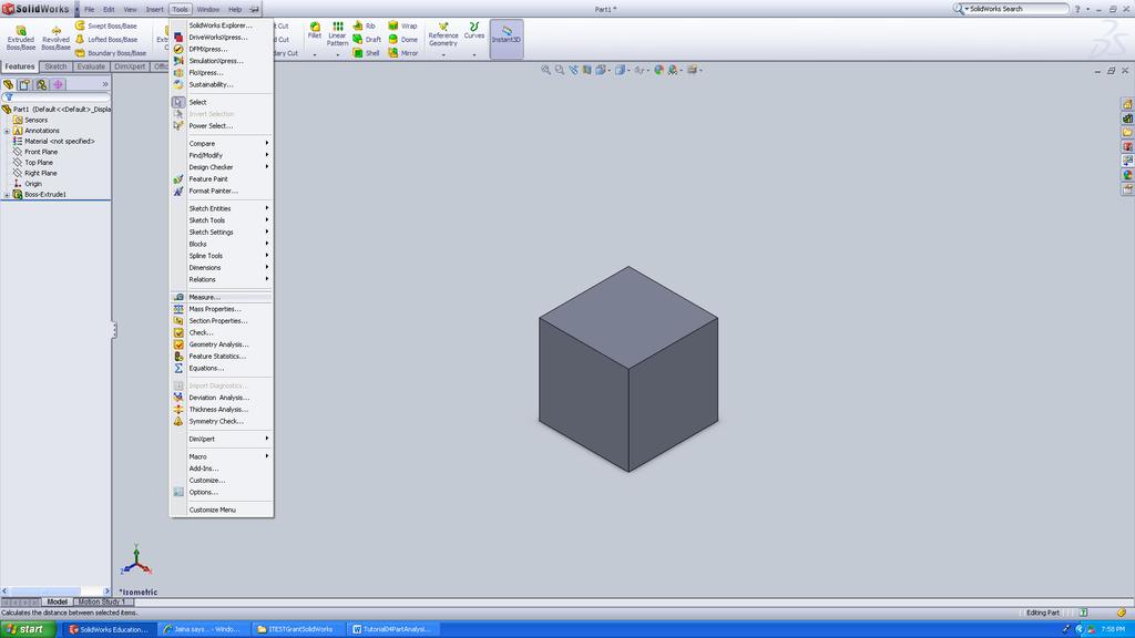 Part Analysis and Visualization In this tutorial you start calculate the mass properties of a part and enhance its visualization. Step 1 Create a CUBE with a dimension on 2 X 2 X 2 inches.