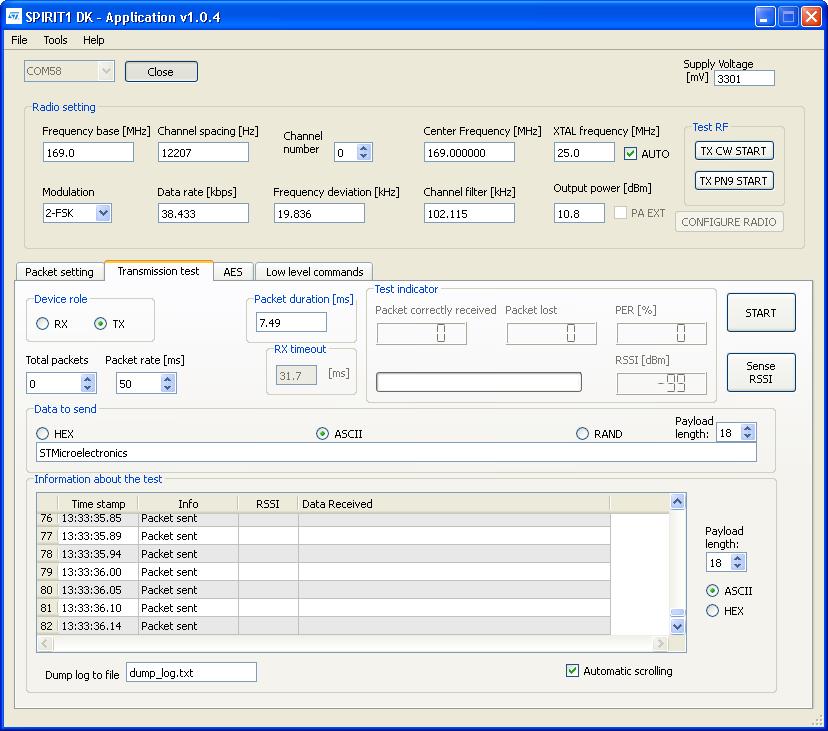 SPIRIT1 DK GUI - 4/5 72 Transmission Test Select the device Role (different for each board) Number of packets to transmit (0 = infinite nbr) Packet rate; set the same for TX and RX role Payload data
