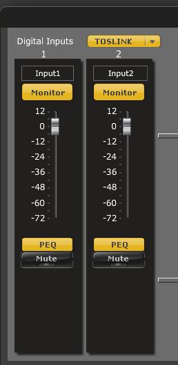 Custom Label Per channel RMS monitoring Select the correct input source from: o Toslink o AES-EBU o SPDIF Per channel Level control Per channel PEQ button Per channel mute button 4.1.