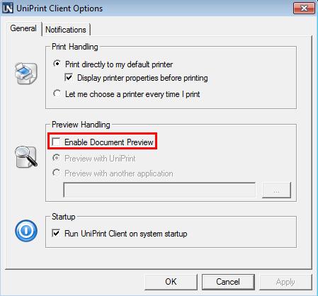 Chapter 3: Configuring UniPrint Client 13 2. Select Enable Document Preview. 3. Ensure that Preview with UniPrint is selected and then click Apply. 4. Click OK.