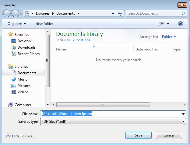 Chapter 4: Using The UniPrint Printer 29 5. Enter a file name for the PDF file and then click Save. 6. The file will be saved to the My Documents folder, under your user name, on your computer.