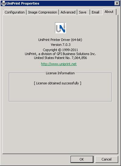 52 UniPrint Client 5 About Tab The About tab contains information about the UniPrint printer driver version and license information.