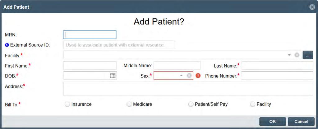 When Add Patient is selected, the system will present the laboratory manager with a form in which to enter the patient s information, including a MRN, first and last name, date of birth, and
