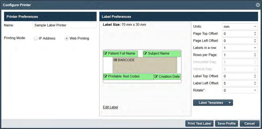 To manage the Barcode Printer Profiles, click the Manage Barcode Printers link in the Quick Links menu. Options to add, delete, and edit the profiles are available from the toolbar.