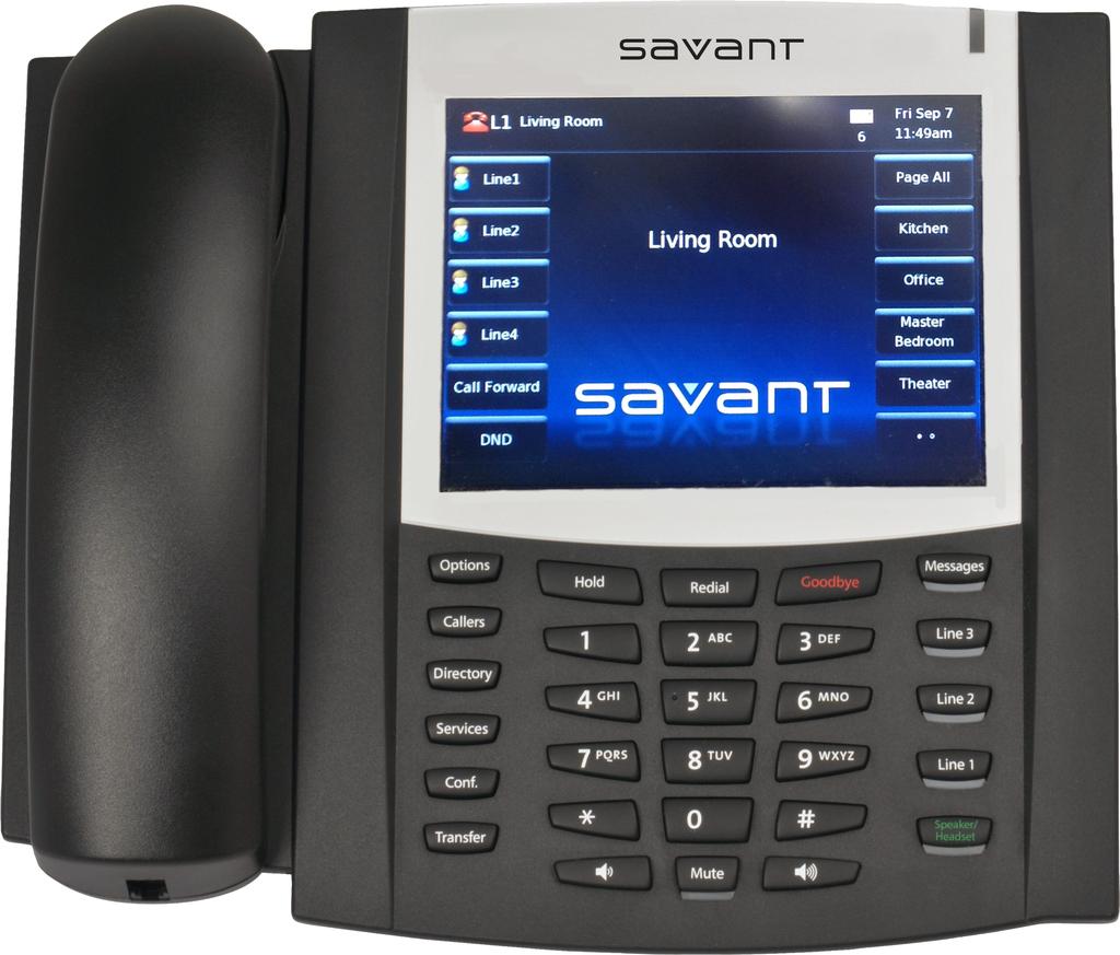 The Savant high-end IP telephone (TEL-HST02) is used within the Savant telephony architecture. The TEL-HST02 features a stylish, global, desktop design with a 5.