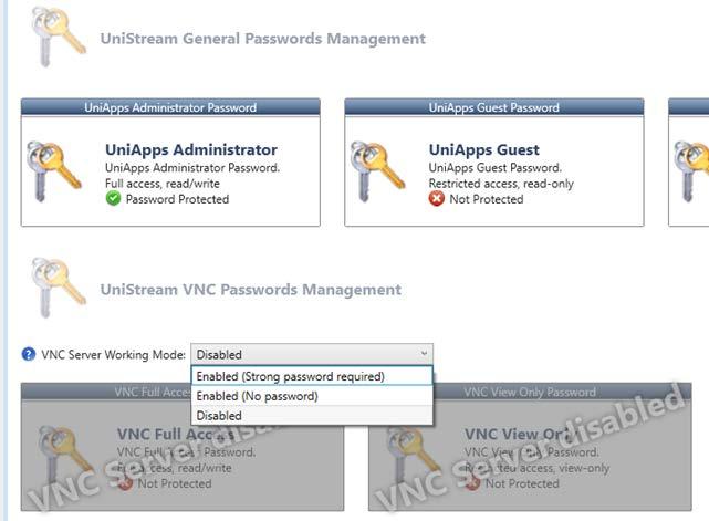 Passwords: Import Export via UniApps VNC Password When you import or export an application via System>User App Upgrade>, you can now include the VNC passwords.