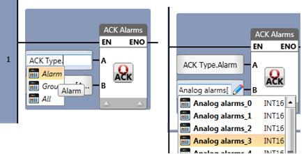Additional Features and Improvements Alarms: Ack via Ladder This Ladder element, located in the Ladder toolbox under Alarms, enables you to acknowledge a single alarm, group of alarms, or all of the