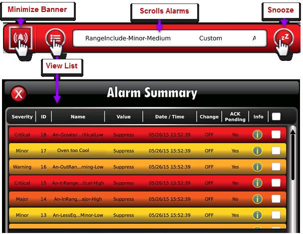 The Alarm Banner, displayed on your HMI screens, alerts operators, enabling them to open the Alarm Summary list of