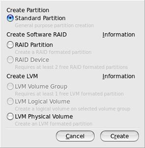 Exploring Additional Installation Options 2 Select the RAID Partition radio button, and click Create.