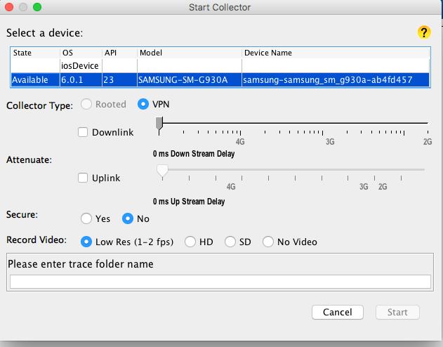 Figure 3-2: Start Collector Dialog 2. Select a Device in the Start Collector dialog. Video Optimizer will discover all ios and Android devices connected to the computer.