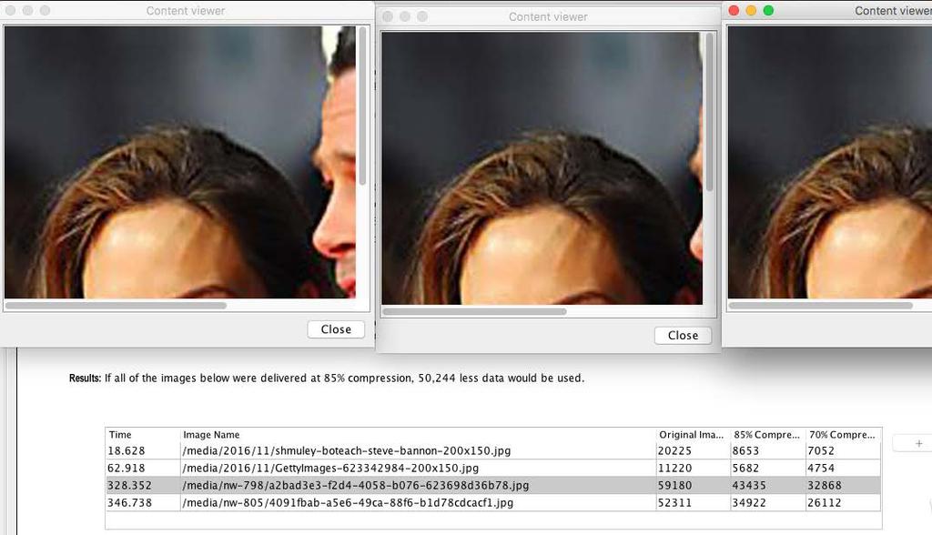 In Figure 5-11, all three images are open in the Content Viewer (the original image, the 85% compressed image, and the 70% compressed image). 5.2.