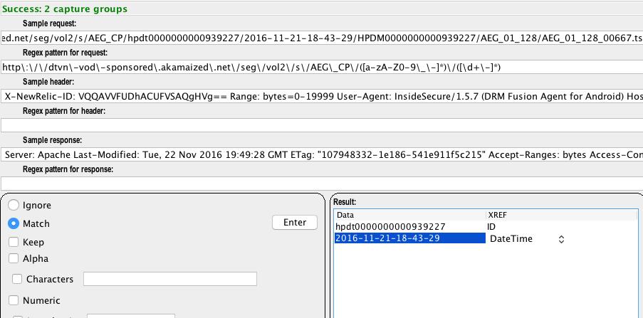 Figure 5-38: Video Parser Wizard, Capture group with regex manually edited to look for digits and dashes After the next forward slash, there is another instance of the ID (with capital letters this