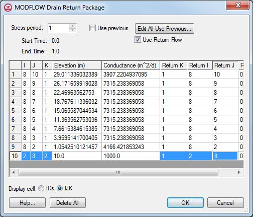 Figure 11 DRT boundary condition and return coordinates 5.6 Saving and Running MODFLOW Now to save these changes and run MODFLOW. 1. Save the project. 2.