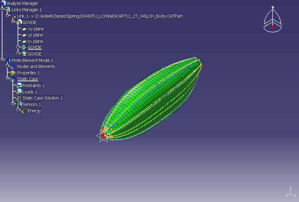 A coarse mesh is generated using advanced meshing tool in CATIA. Static analysis is performed. The mesh size is set at 150mm with 5% constraint sag.