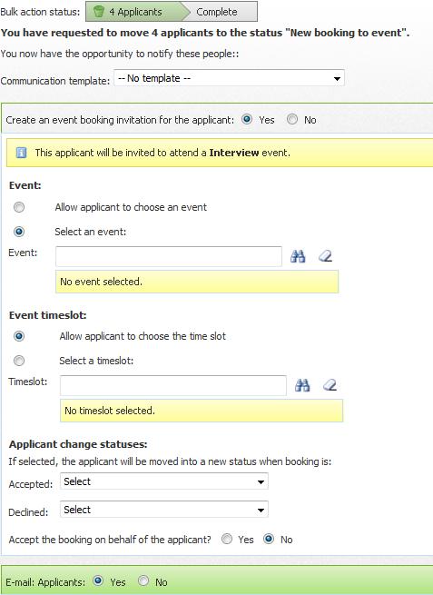 STEP 10: Create event booking invitation Select Yes to create an event booking for the applicant. Ensure that Select an event is selected.