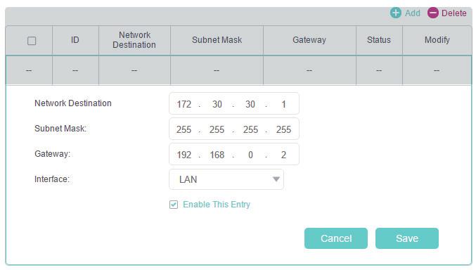 Chapter 10 Customize Your Network Settings configure the static routing. Router A Router B Company s server WAN: 172.30.30.100 LAN: 192.168.0.1 LAN: 192.168.0.2 172.30.30.1 Switch 192.168.0.100 PC How can I do that?