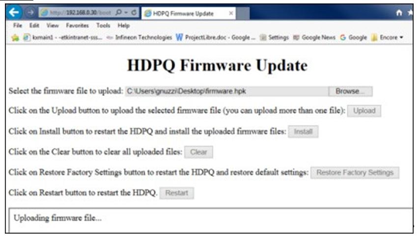should appear. 5 Click on the Browse button on the HDPQ SP Firmware Update page. 6 Navigate to the folder location of the HDPQ-SP_Vx_x_x.