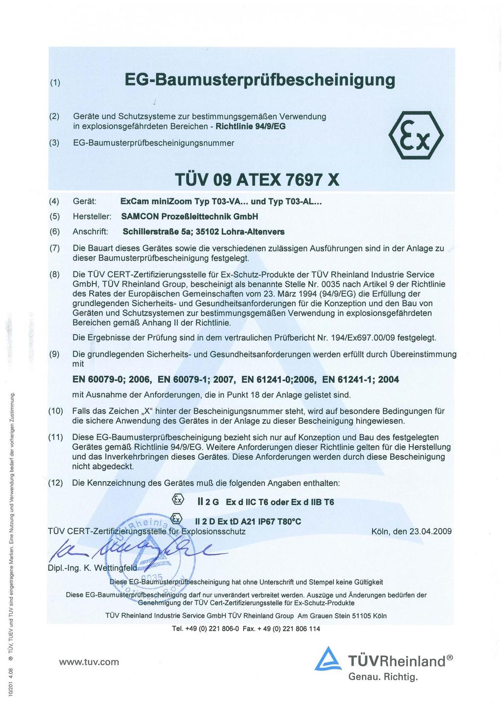 15.3 EC-Type Examination Certificate TÜV 09 ATEX 7697 X Doc.