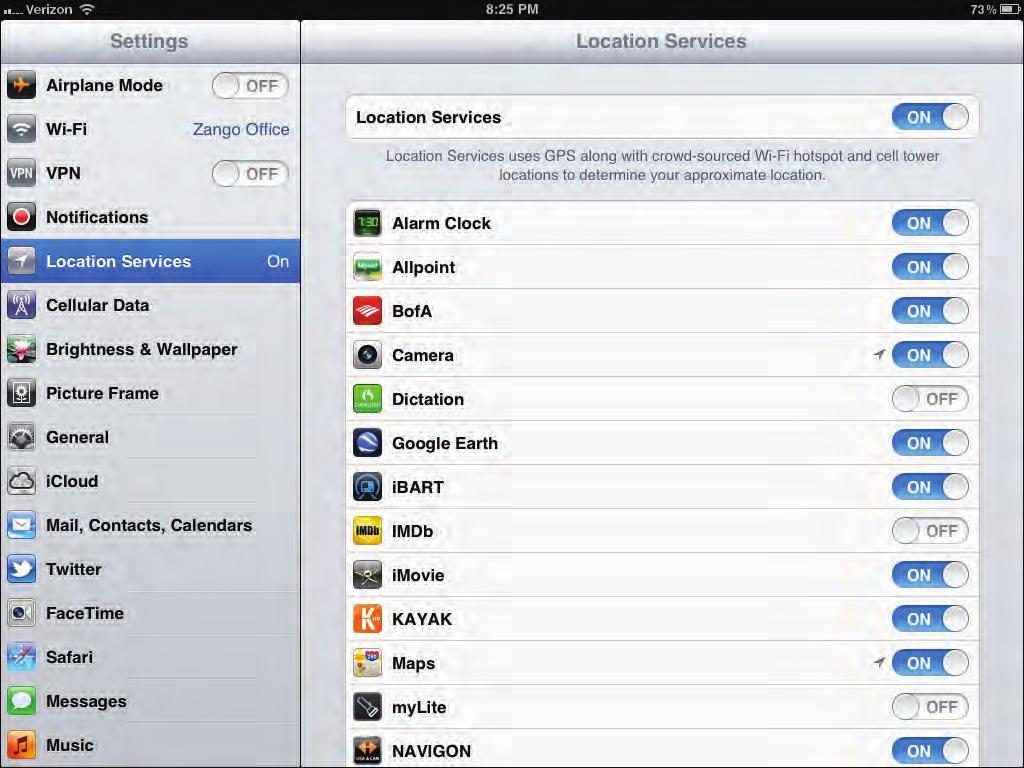 6 ipad 2 For Dummies, 3rd Edition Gray arrowhead icon Figure 4: The Location Services pane in the Settings app, which lets you control which apps track your location and shows you which apps have
