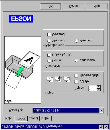 3 Click the Paper tab. You see the Paper dialog box: Printer graphic reflects changes to Orientation and Printable Area settings. Rotate by 180 is not available with Windows 3.1. Click to select your Paper Size.
