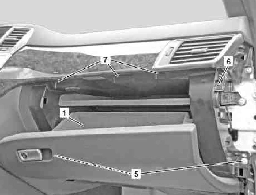 Unscrew bolts 5. Open glove compartment 1. Unscrew bolts 6 on the side edge. Unscrew bolts 7 in glove compartment 1.