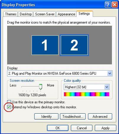 This can be one by right-clicking the esktop, selecting the properties item in the contextual menu, an clicking on the Settings tab, which brings the Display Properties winow, as shown in Figure 5.8.