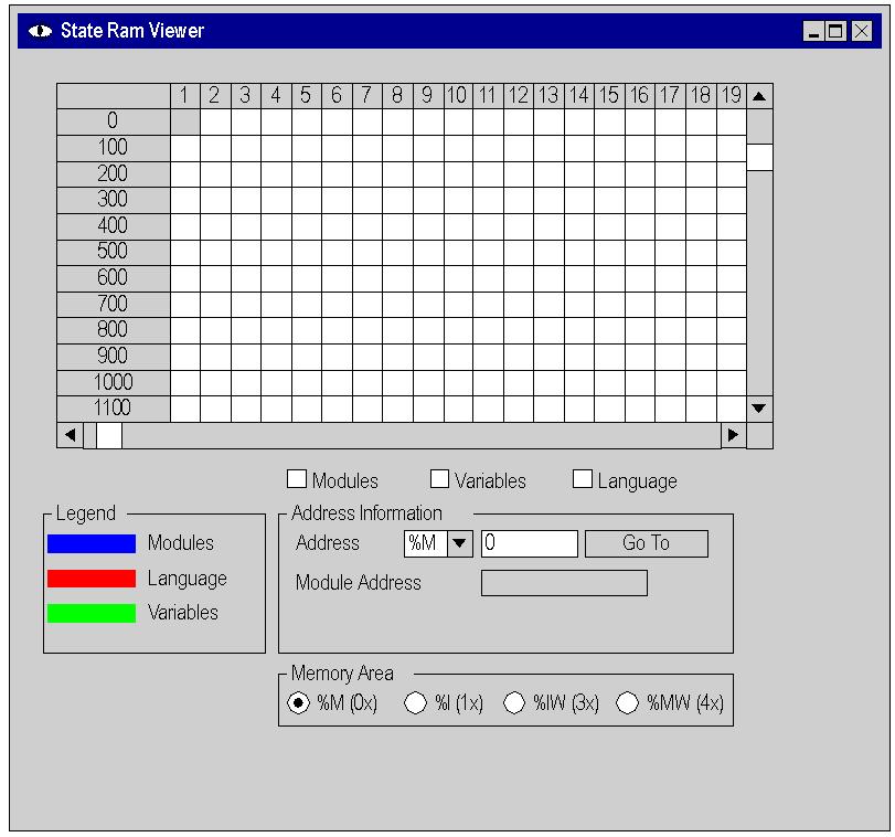 Configuration Using the State RAM Viewer The State RAM Viewer dialog: Each cell in the grid represents an address location and displays the entity stored in that location.