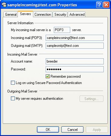 The SMTP address displays in the "Servers" Tab.