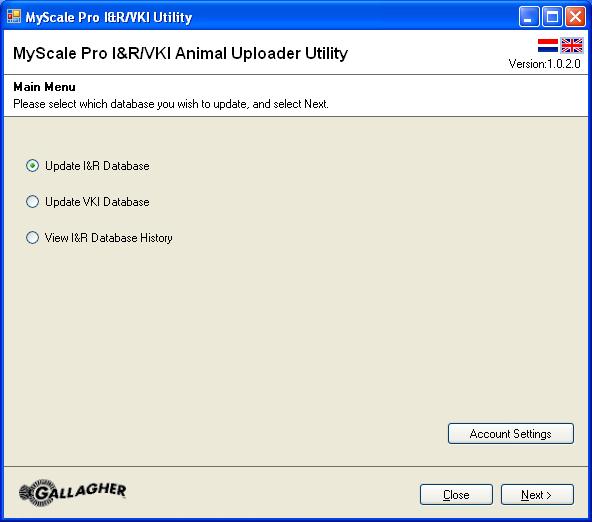 Using the I&R/ VKI Uploader Utility When Open I&R/VKI Updater is selected from the MyScale Pro main menu, the following window is displayed: To update a database, select the required Database option
