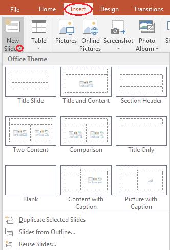 LIBRARY AND LEARNING SERVICES MS POWERPOINT 2016 BASICS Choose the Layout required, the layouts are pre-set