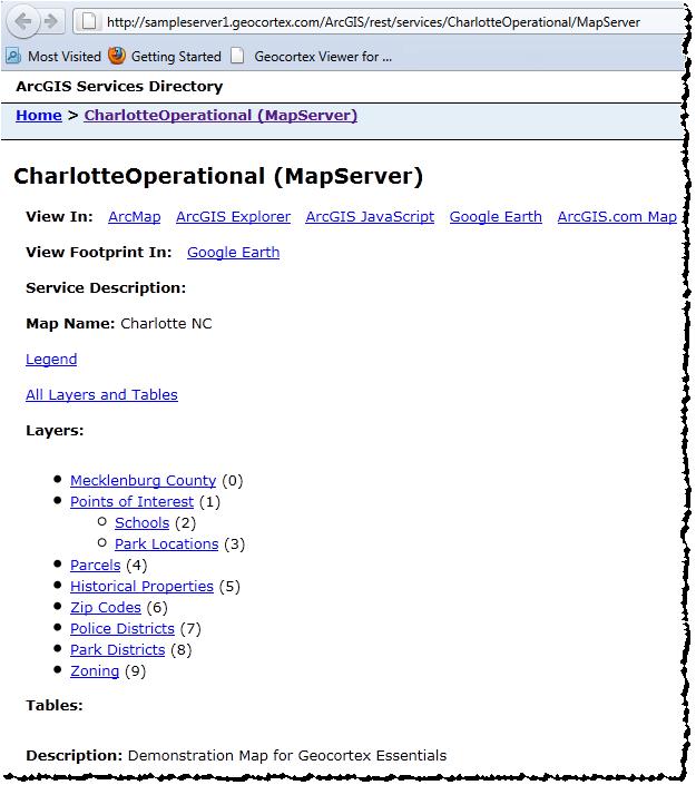 Geocortex Workflow Designer Tutorial : Create Search Schools Workflow The ArcGIS Directory opens to CharlotteOperational (MapServer). Esri MapServer - CharlotteOperational 5.