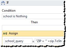 tostring() +"'" The Then expression for school_query The Then side of the Condition now states, "If the user selects nothing in the school drop-down list, then display all the schools in the zip code.