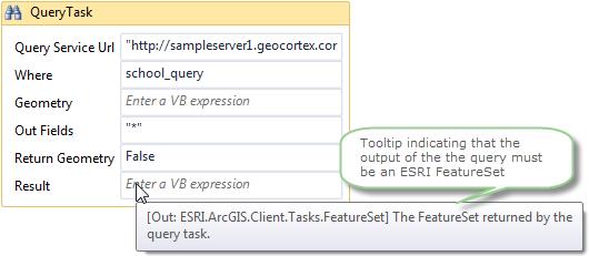 Create the QueryTask Tooltip of the Result field To pass this feature set to the next part of the workflow, we need to define a variable.