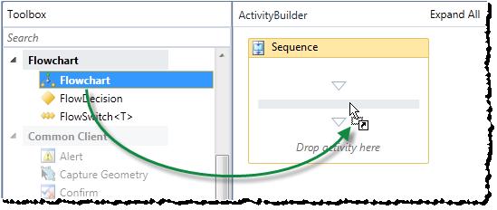Geocortex Workflow Designer Tutorial : Create Search Schools Workflow Drag Flowchart activity into the Sequence activity 3. Double-click the Flowchart activity to open it.