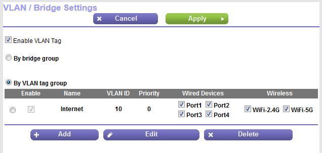 To add a VLAN tag group and enable the bridge: 1. Launch a web browser from a computer or mobile device that is connected to the network. 2. Enter http://www.routerlogin.net. 4.