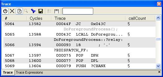 Trace Toggle source Toggles the Trace column between showing only disassembly or disassembly together with the corresponding source code.